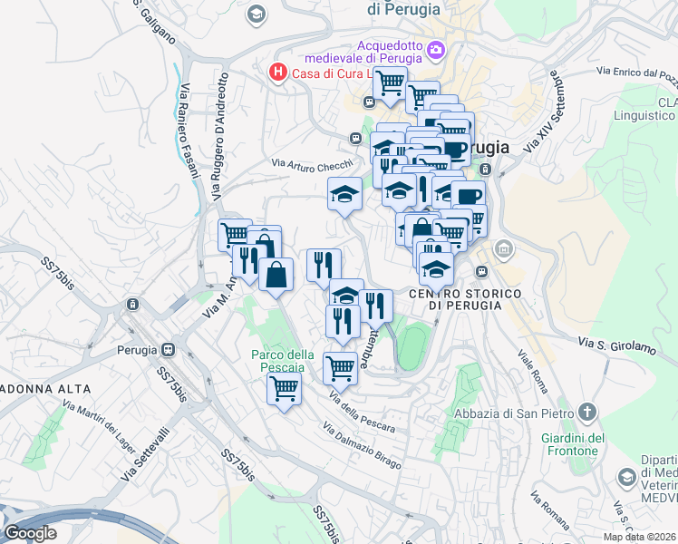 map of restaurants, bars, coffee shops, grocery stores, and more near Via Quieta in Perugia