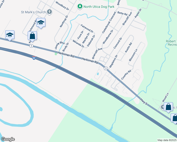 map of restaurants, bars, coffee shops, grocery stores, and more near 1550 Herkimer Road in Utica