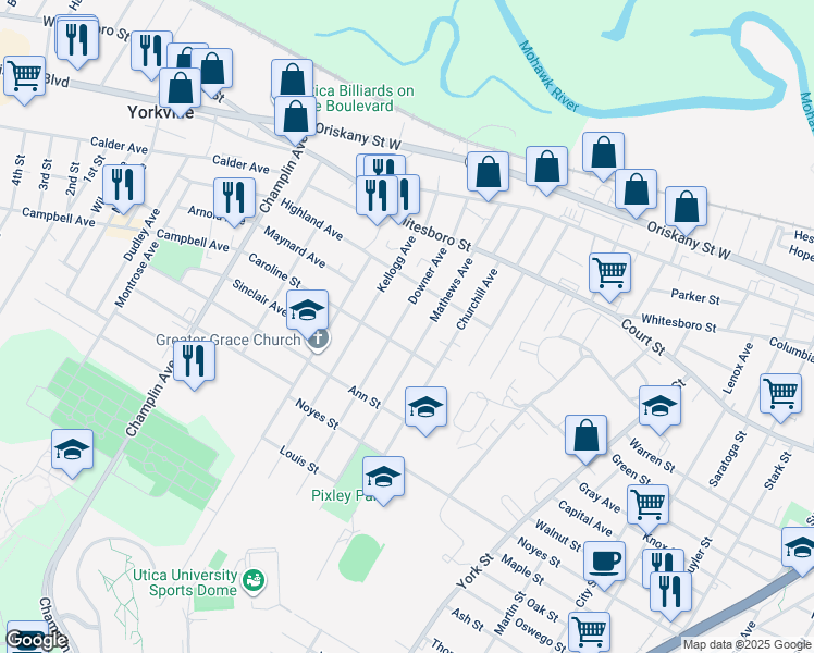 map of restaurants, bars, coffee shops, grocery stores, and more near 1009 Downer Avenue in Utica