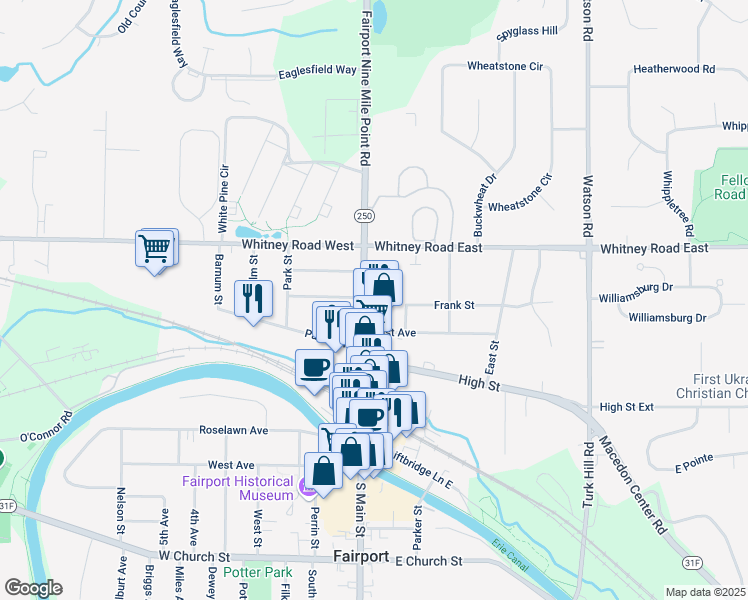 map of restaurants, bars, coffee shops, grocery stores, and more near 2 Deland Park A in Fairport