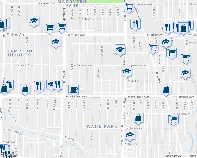 map of restaurants, bars, coffee shops, grocery stores, and more near 4923 North 46th Street in Milwaukee