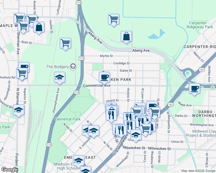 map of restaurants, bars, coffee shops, grocery stores, and more near 2514 Commercial Avenue in Madison