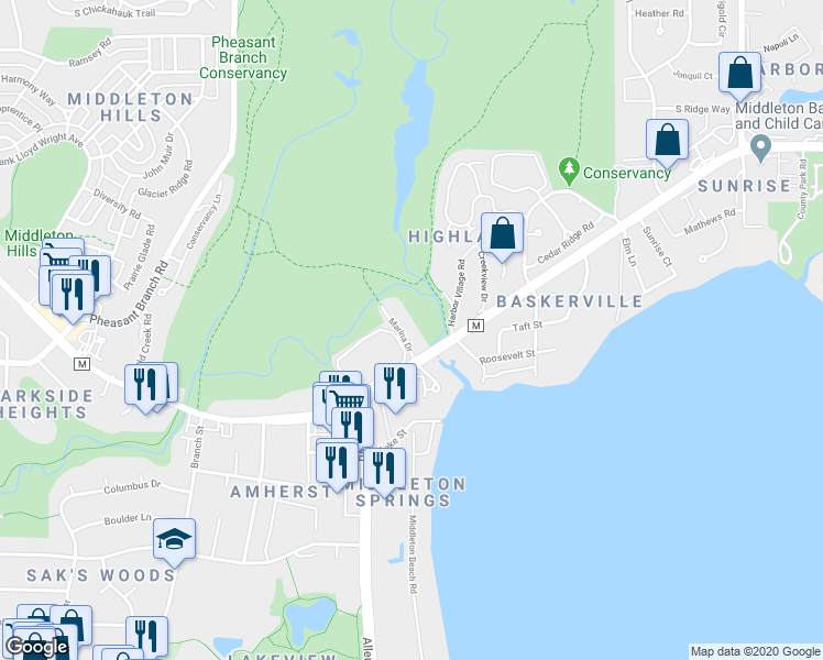 map of restaurants, bars, coffee shops, grocery stores, and more near 2921 Marina Drive in Middleton