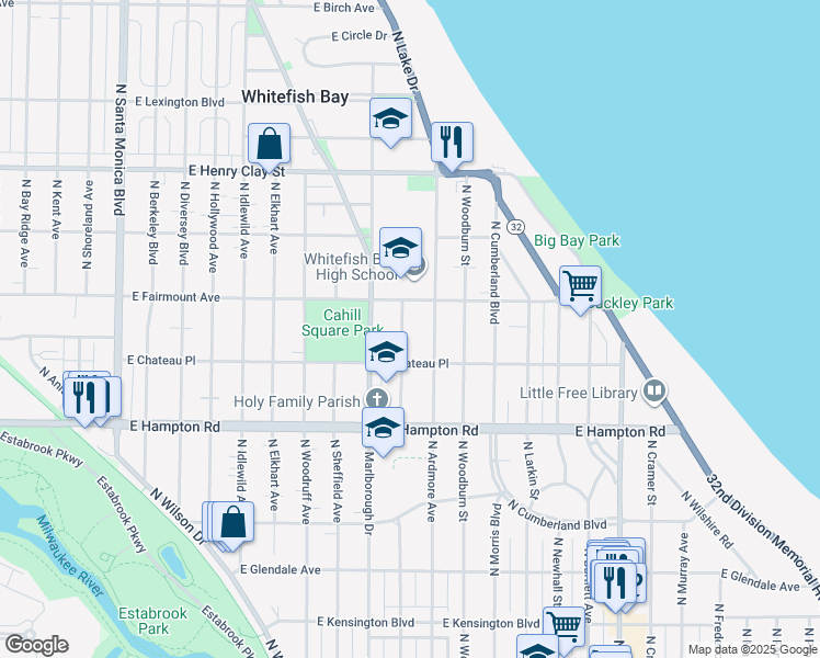 map of restaurants, bars, coffee shops, grocery stores, and more near 4954 North Wildwood Avenue in Whitefish Bay
