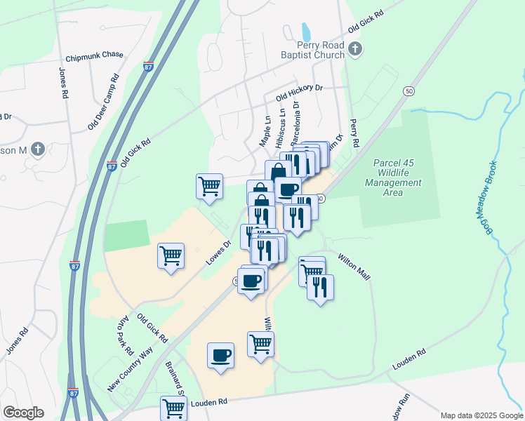 map of restaurants, bars, coffee shops, grocery stores, and more near Route 50 in Saratoga Springs