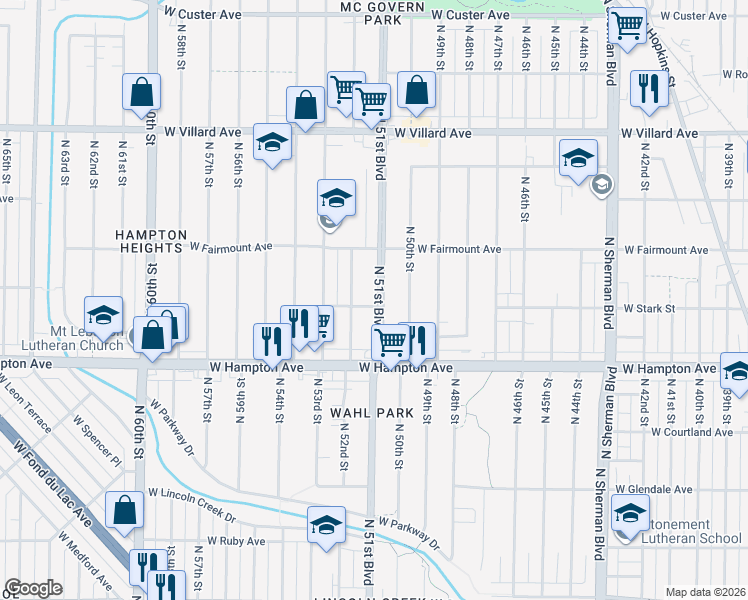 map of restaurants, bars, coffee shops, grocery stores, and more near 4921 North 51st Boulevard in Milwaukee