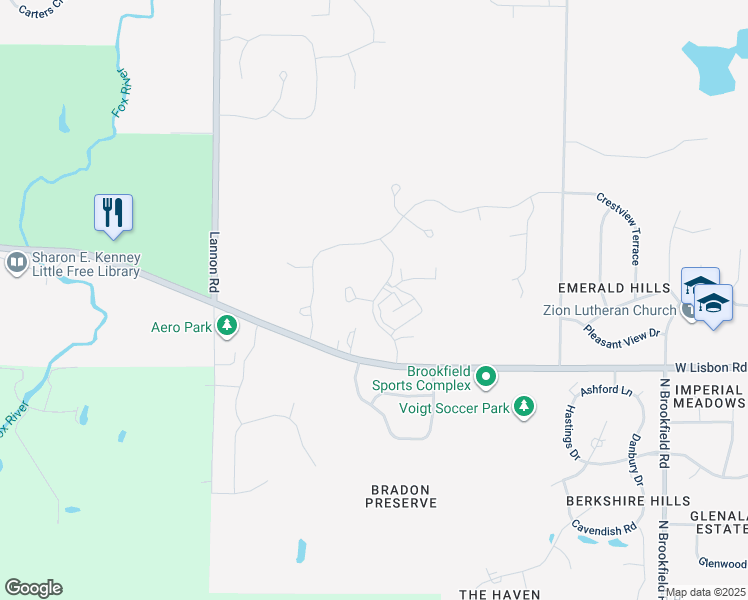 map of restaurants, bars, coffee shops, grocery stores, and more near Hickory street in Menomonee Falls