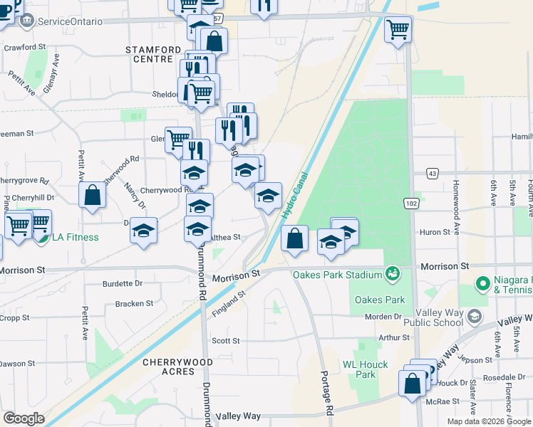 map of restaurants, bars, coffee shops, grocery stores, and more near 4604 Portage Road in Niagara Falls