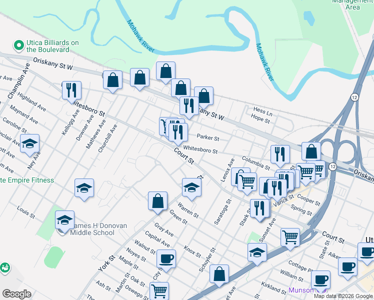 map of restaurants, bars, coffee shops, grocery stores, and more near 1225 Whitesboro Street in Utica