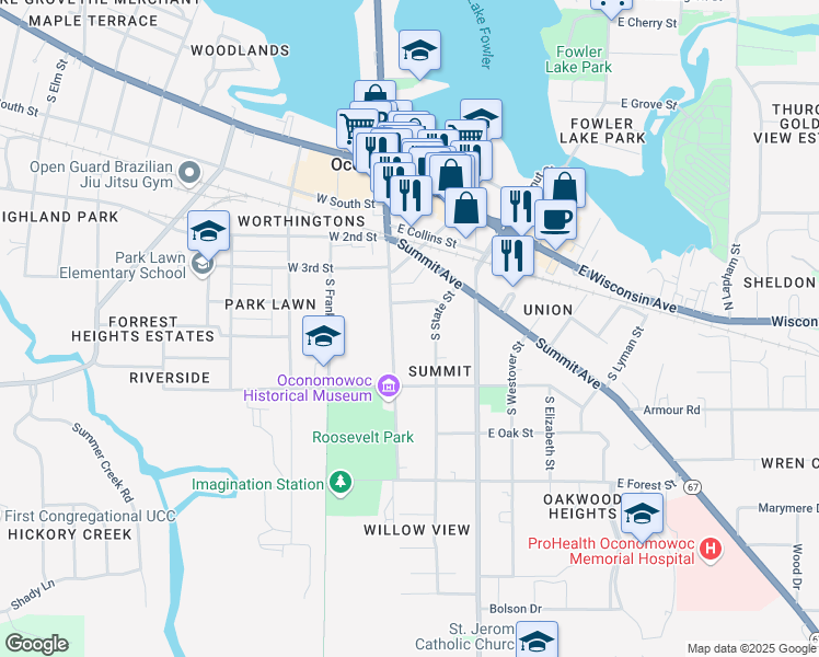 map of restaurants, bars, coffee shops, grocery stores, and more near in Oconomowoc