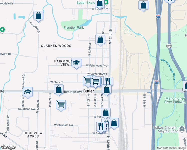 map of restaurants, bars, coffee shops, grocery stores, and more near 4952 North 126th Street in Butler