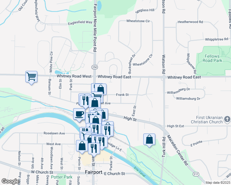 map of restaurants, bars, coffee shops, grocery stores, and more near 23 Frank Street in Fairport
