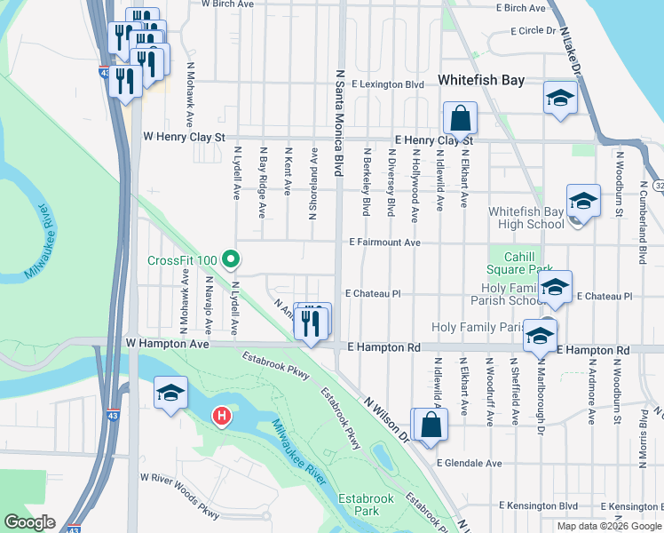map of restaurants, bars, coffee shops, grocery stores, and more near 4951 North Santa Monica Boulevard in Whitefish Bay