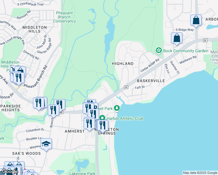 map of restaurants, bars, coffee shops, grocery stores, and more near 2921 Marina Drive in Middleton