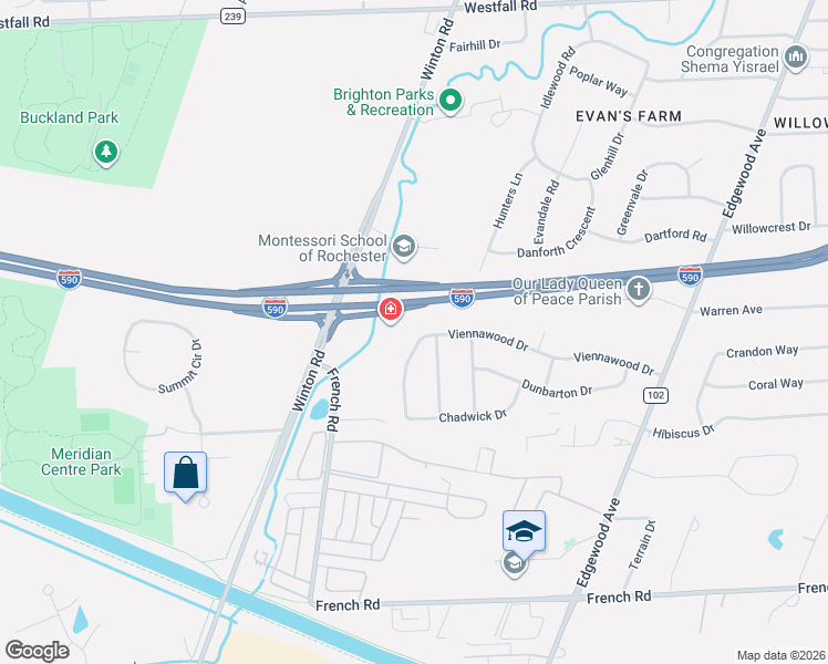 map of restaurants, bars, coffee shops, grocery stores, and more near 240 Viennawood Drive in Rochester