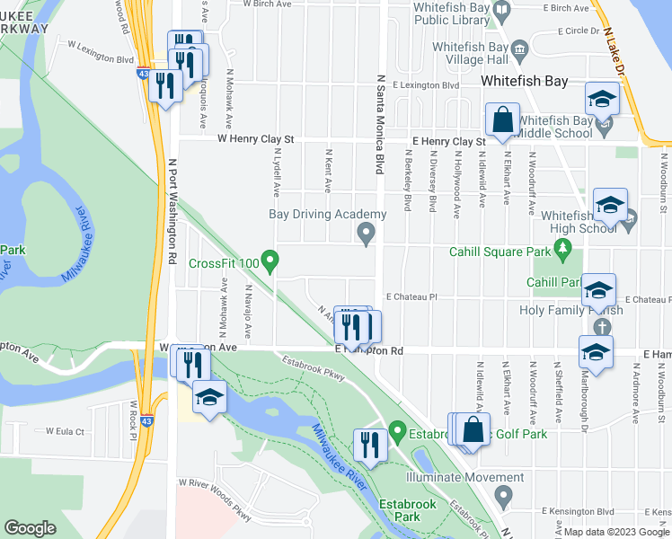 map of restaurants, bars, coffee shops, grocery stores, and more near 156 East Chateau Place in Whitefish Bay