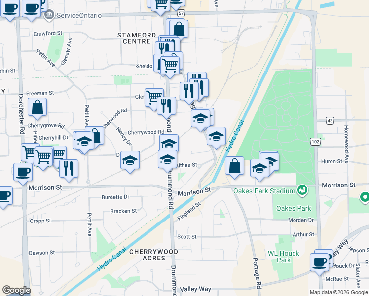 map of restaurants, bars, coffee shops, grocery stores, and more near 4658 Drummond Road in Niagara Falls
