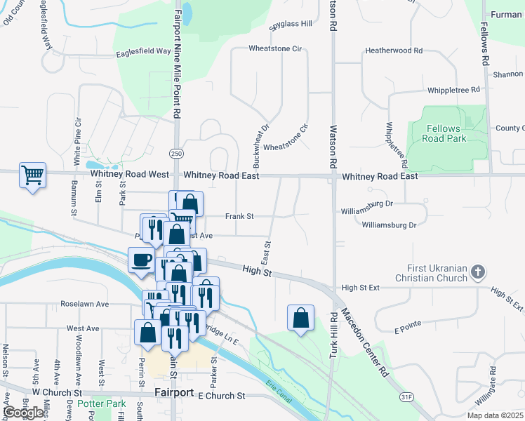map of restaurants, bars, coffee shops, grocery stores, and more near 55 Frank Street in Fairport