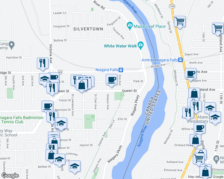map of restaurants, bars, coffee shops, grocery stores, and more near 4347 Queen Street in Niagara Falls