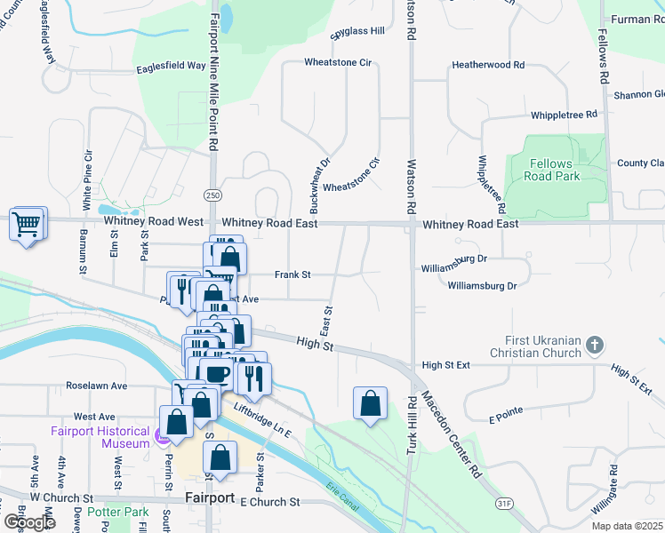 map of restaurants, bars, coffee shops, grocery stores, and more near 55 Frank Street in Fairport