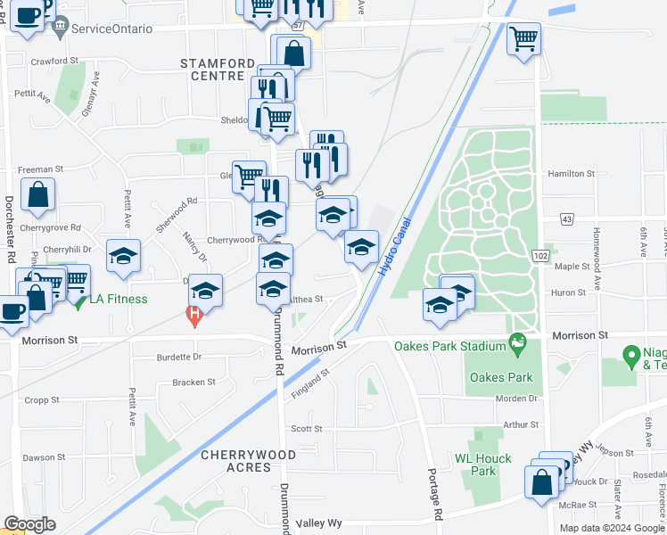 map of restaurants, bars, coffee shops, grocery stores, and more near 4615 Portage Road in Niagara Falls