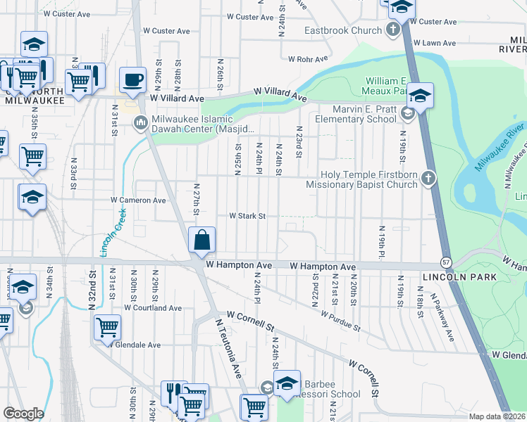 map of restaurants, bars, coffee shops, grocery stores, and more near 4915 North 24th Street in Milwaukee