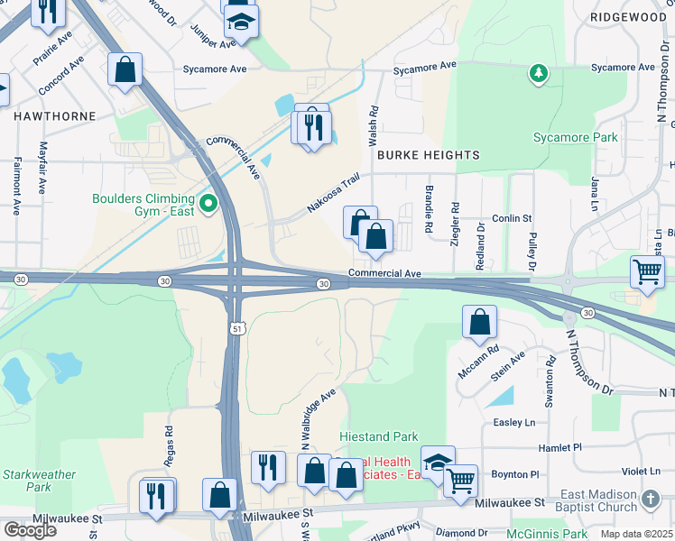 map of restaurants, bars, coffee shops, grocery stores, and more near 4150 Commercial Avenue in Madison