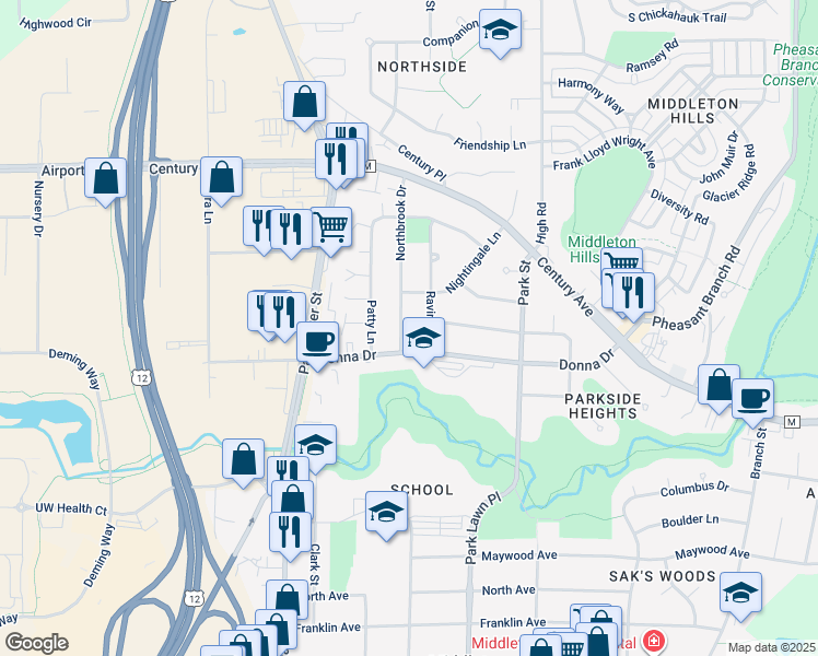 map of restaurants, bars, coffee shops, grocery stores, and more near 3003 Northbrook Drive in Middleton