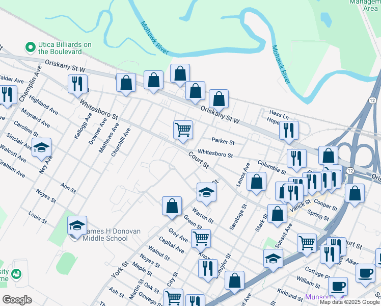 map of restaurants, bars, coffee shops, grocery stores, and more near 1213 Court Street in Utica