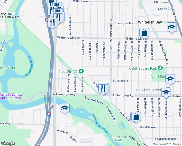 map of restaurants, bars, coffee shops, grocery stores, and more near 108 East Chateau Place in Whitefish Bay