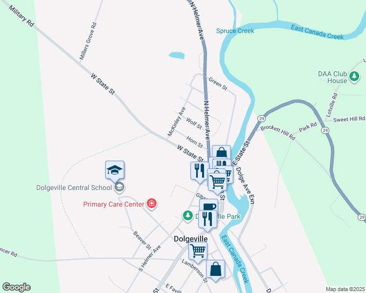 map of restaurants, bars, coffee shops, grocery stores, and more near 44 West State Street in Dolgeville