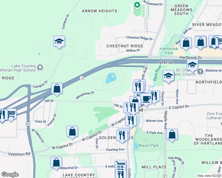 map of restaurants, bars, coffee shops, grocery stores, and more near Millington Lane in Hartland