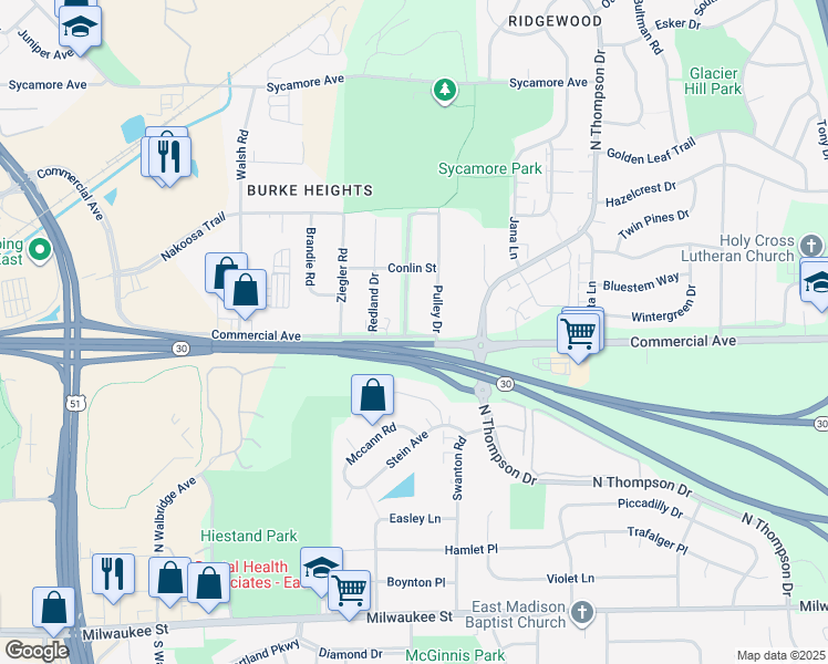 map of restaurants, bars, coffee shops, grocery stores, and more near 4528 Commercial Avenue in Madison