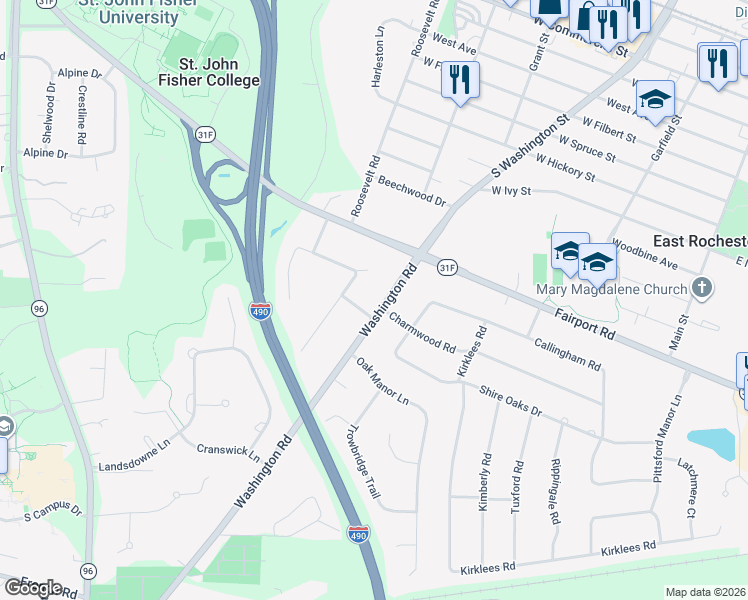 map of restaurants, bars, coffee shops, grocery stores, and more near 101 Washington Road in Pittsford