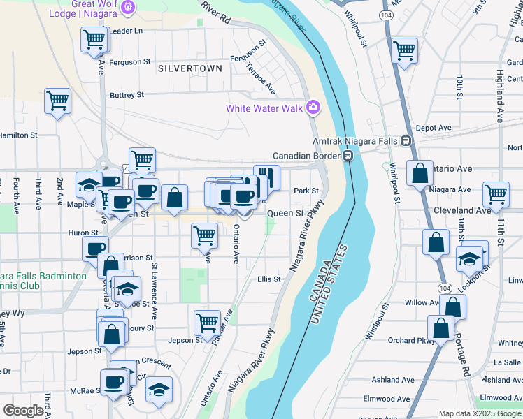 map of restaurants, bars, coffee shops, grocery stores, and more near 4299 Queen Street in Niagara Falls
