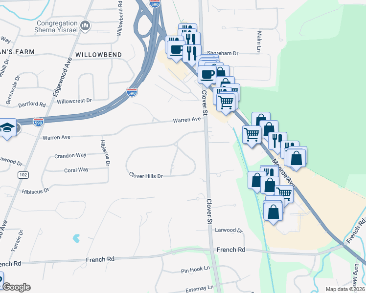 map of restaurants, bars, coffee shops, grocery stores, and more near 91 Clover Hills Drive in Rochester