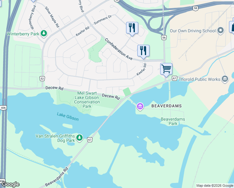 map of restaurants, bars, coffee shops, grocery stores, and more near 1828 Decew Road in Thorold
