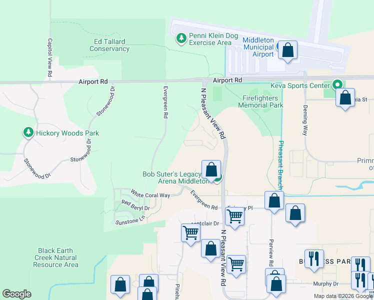 map of restaurants, bars, coffee shops, grocery stores, and more near 2884 Pleasant View Road in Middleton