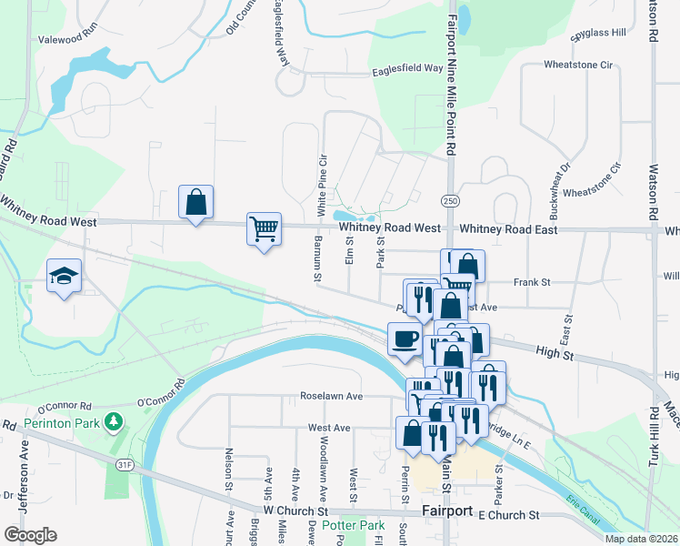 map of restaurants, bars, coffee shops, grocery stores, and more near 11 Elm Street in Fairport