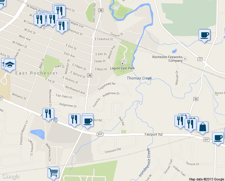 map of restaurants, bars, coffee shops, grocery stores, and more near 216 Ridgeview Drive in East Rochester