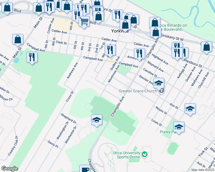 map of restaurants, bars, coffee shops, grocery stores, and more near 2 Lincoln Avenue in Yorkville