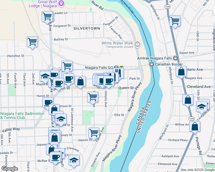 map of restaurants, bars, coffee shops, grocery stores, and more near 4388 Queen Street in Niagara Falls