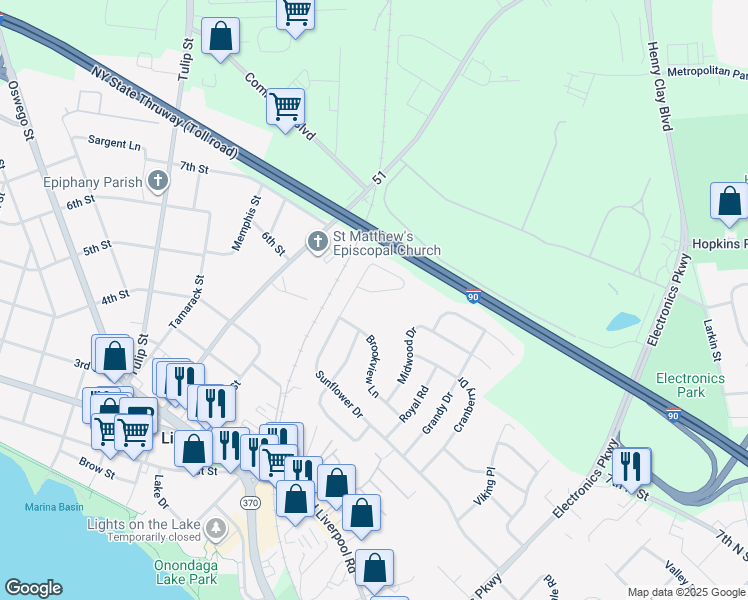 map of restaurants, bars, coffee shops, grocery stores, and more near 653 Sunflower Dr in Liverpool