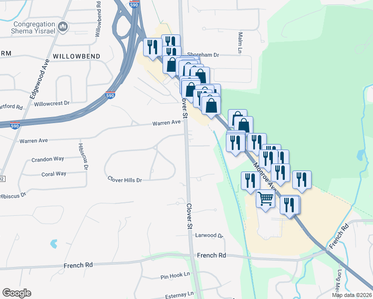map of restaurants, bars, coffee shops, grocery stores, and more near 2557 Clover Street in Rochester