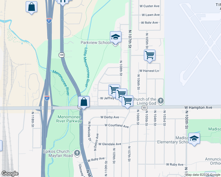 map of restaurants, bars, coffee shops, grocery stores, and more near 10906 West Stark Street in Milwaukee