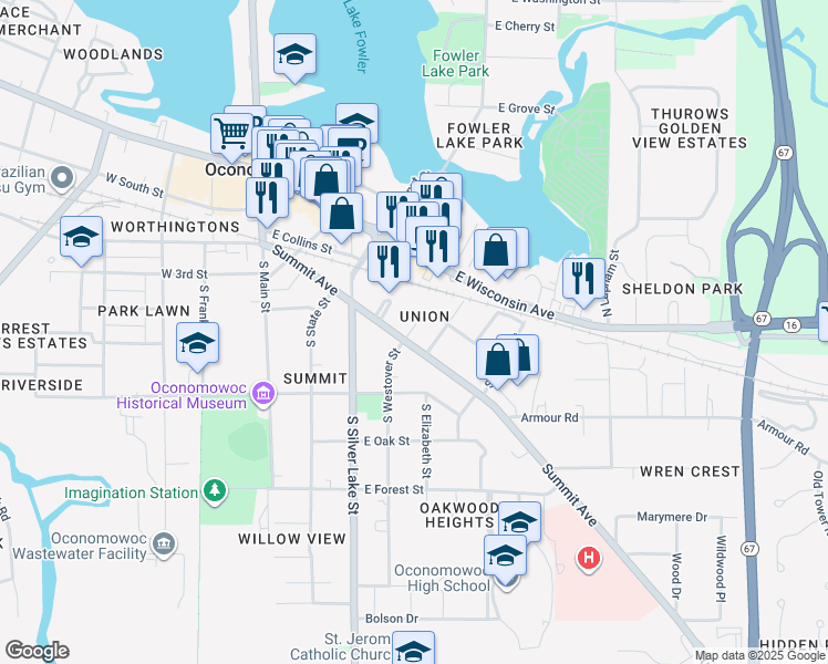 map of restaurants, bars, coffee shops, grocery stores, and more near 406 E Summit Avenue in Oconomowoc