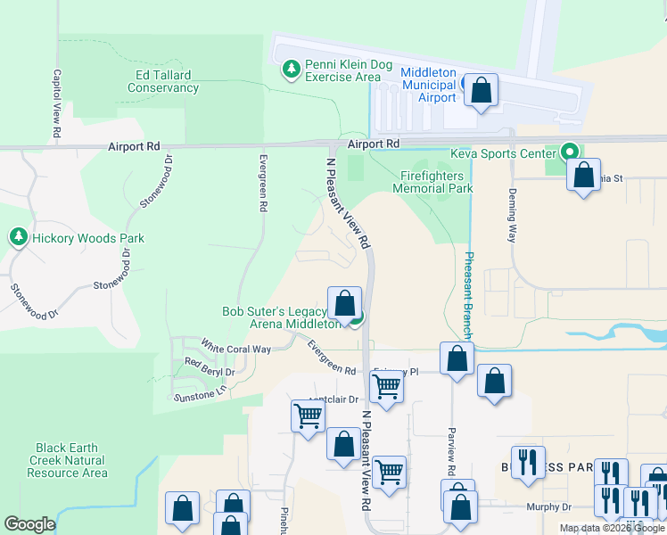 map of restaurants, bars, coffee shops, grocery stores, and more near 2844 Pleasant View Road in Middleton