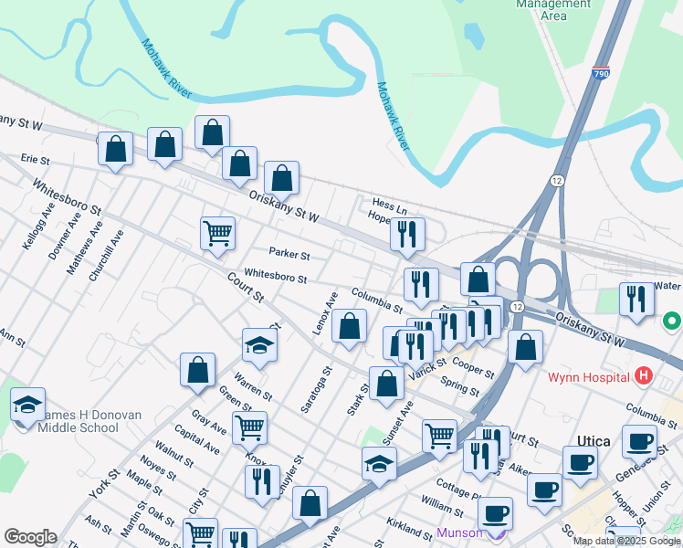 map of restaurants, bars, coffee shops, grocery stores, and more near 1046 Whitesboro St in Utica