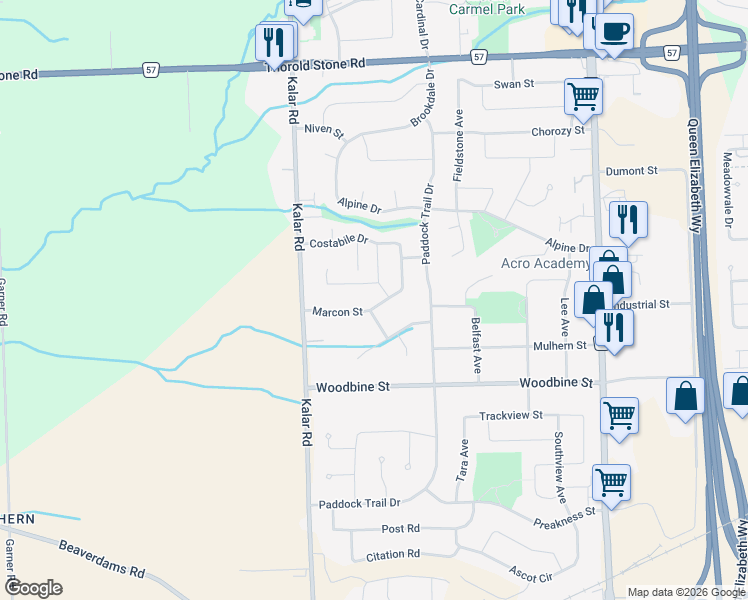 map of restaurants, bars, coffee shops, grocery stores, and more near 8103 Marcon Street in Niagara Falls