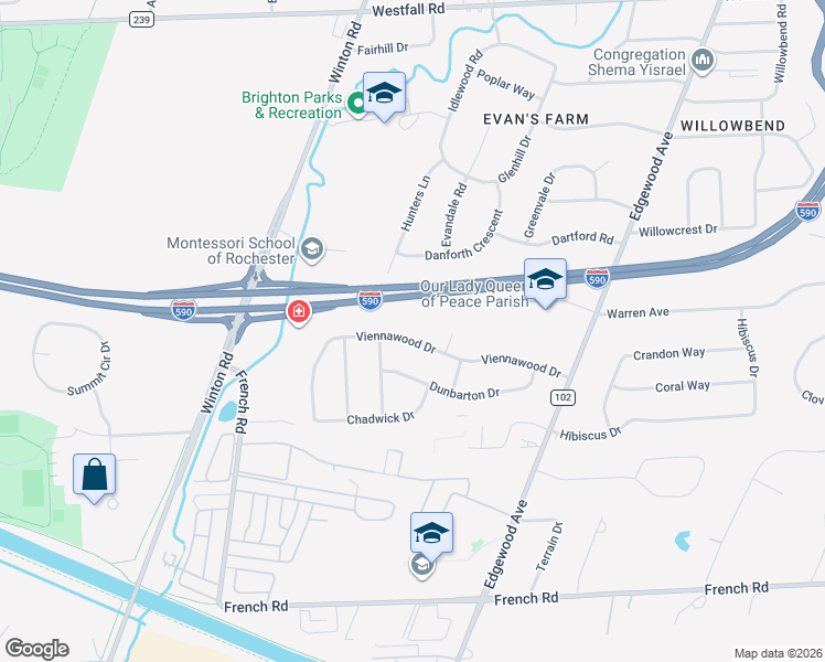 map of restaurants, bars, coffee shops, grocery stores, and more near 140 Viennawood Drive in Rochester